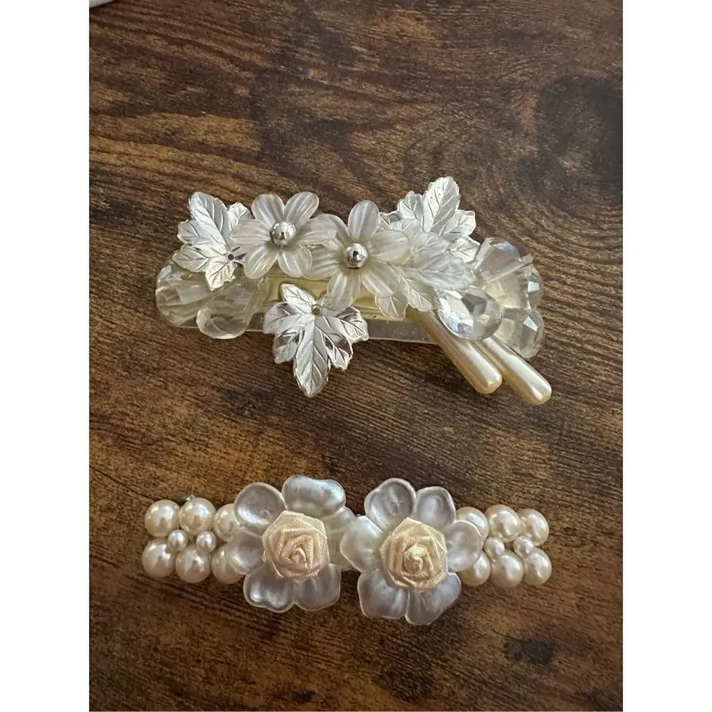 Vintage Silver Tone and Faux Pearl Hair Clip Barrettes Lot Retro Wedding Floral
